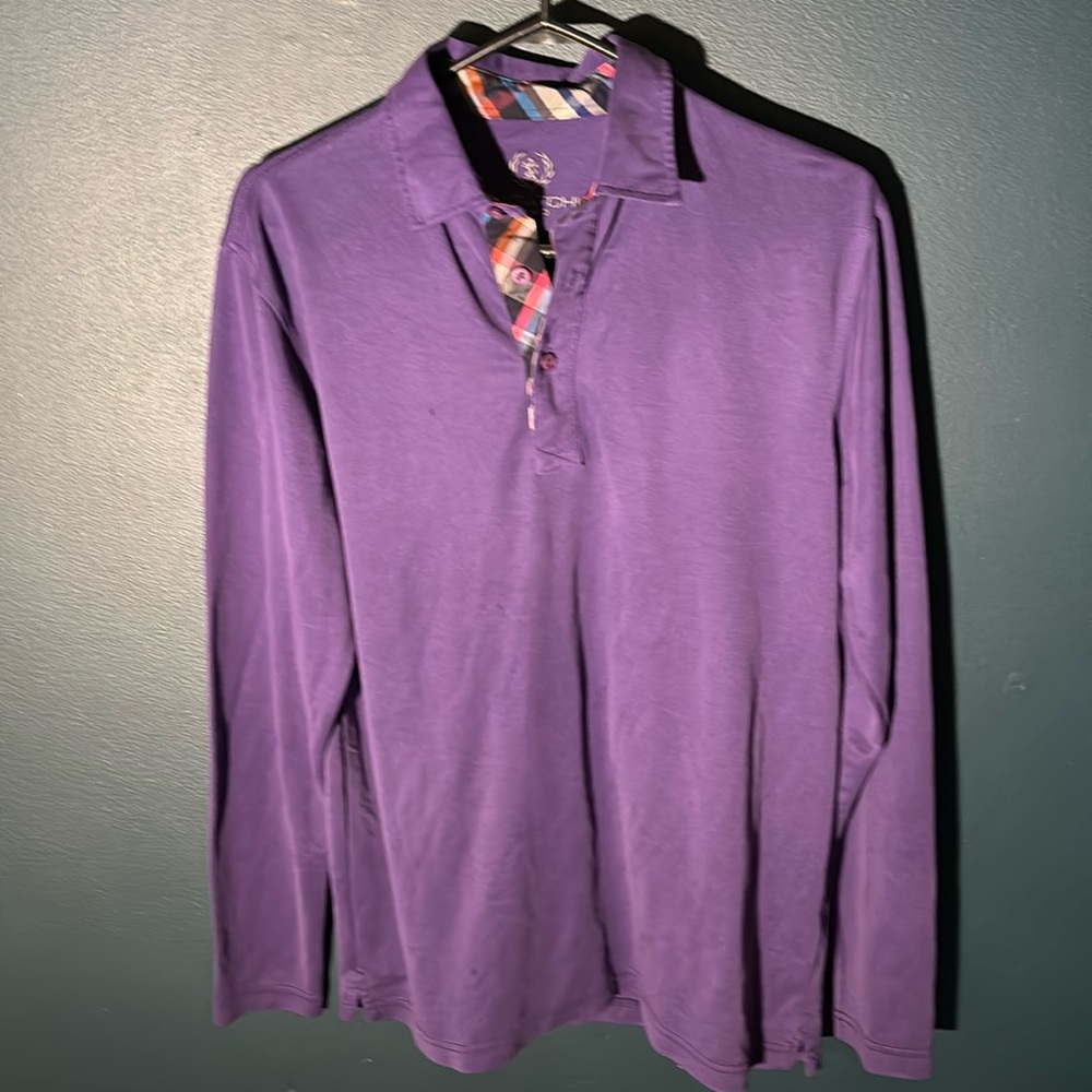 Vtg BUGATCHI UOMO Purple Plaid trim Rugby Polo Y2K Hipster Merino Wool Size Med